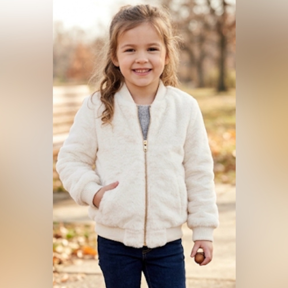 C&C California Creamy White Faux Fur Bomber Jacket Size 3T